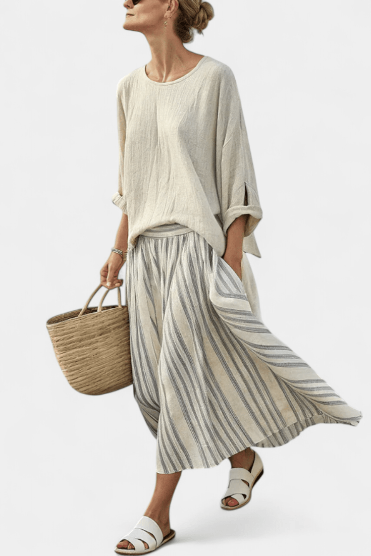 Aurcyn | Comfortable Loose Blouse & Striped Midi Skirt - Rossis Family Boutique Miami