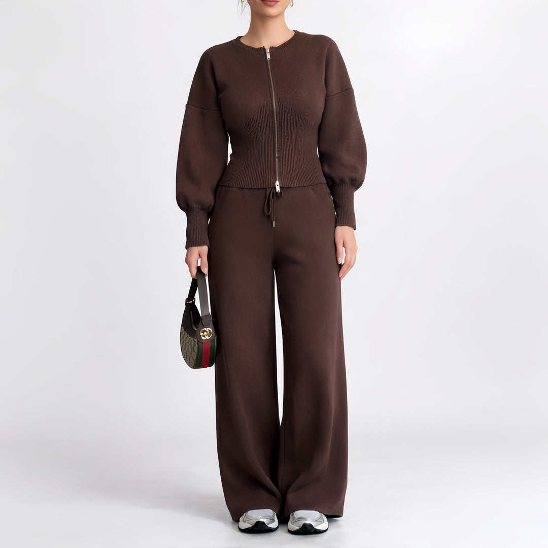 Waist Fitting Balloon Sleeve Double Zip Knit Set - Luxe Atire