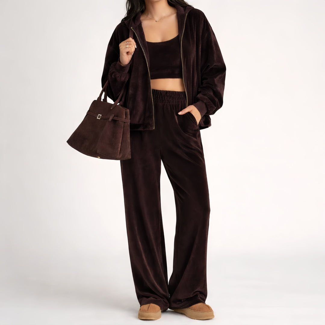 Velvet Textured Zip - Up Sweatshirt Bustier and Pants Set - Luxe Atire