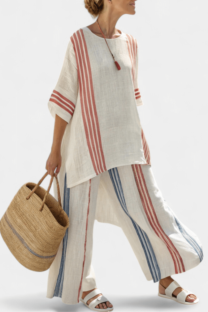 Solvane | Sophisticated Multicolor Striped Top & Mediterranean Pants - Rossis Family Boutique Miami
