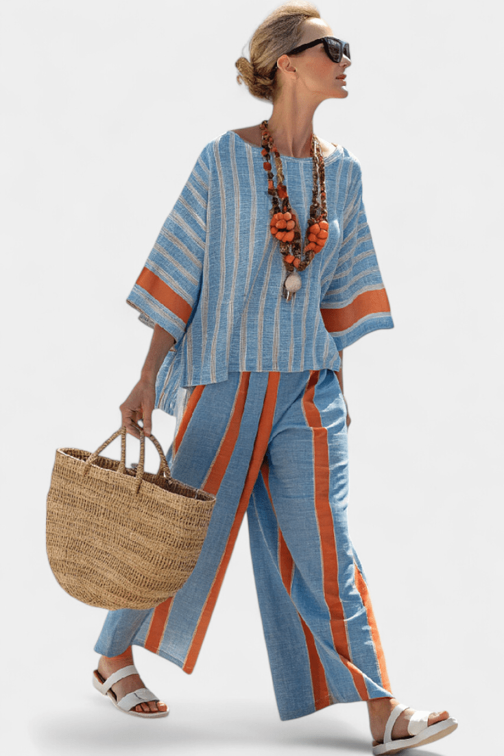Velmere | Sophisticated Terracotta Striped Top & Linen Pants - Rossis Family Boutique Miami