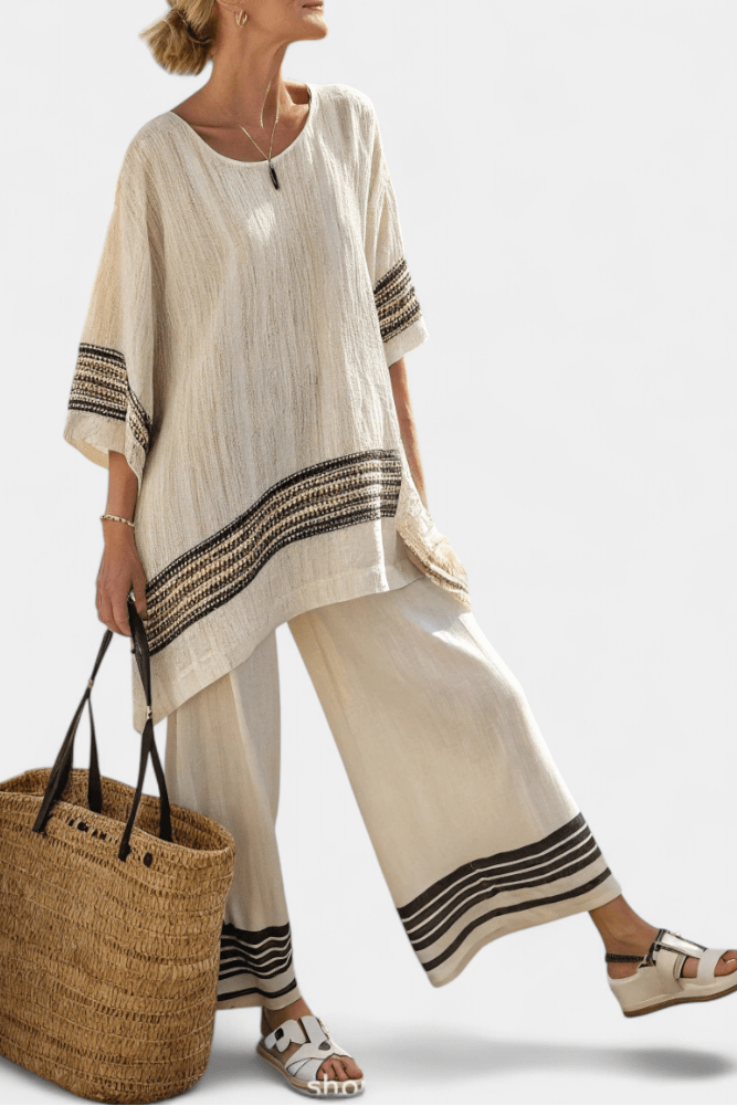 Harlowe | Elegant Black - Striped Linen Top & Flowing Pants - Rossis Family Boutique Miami