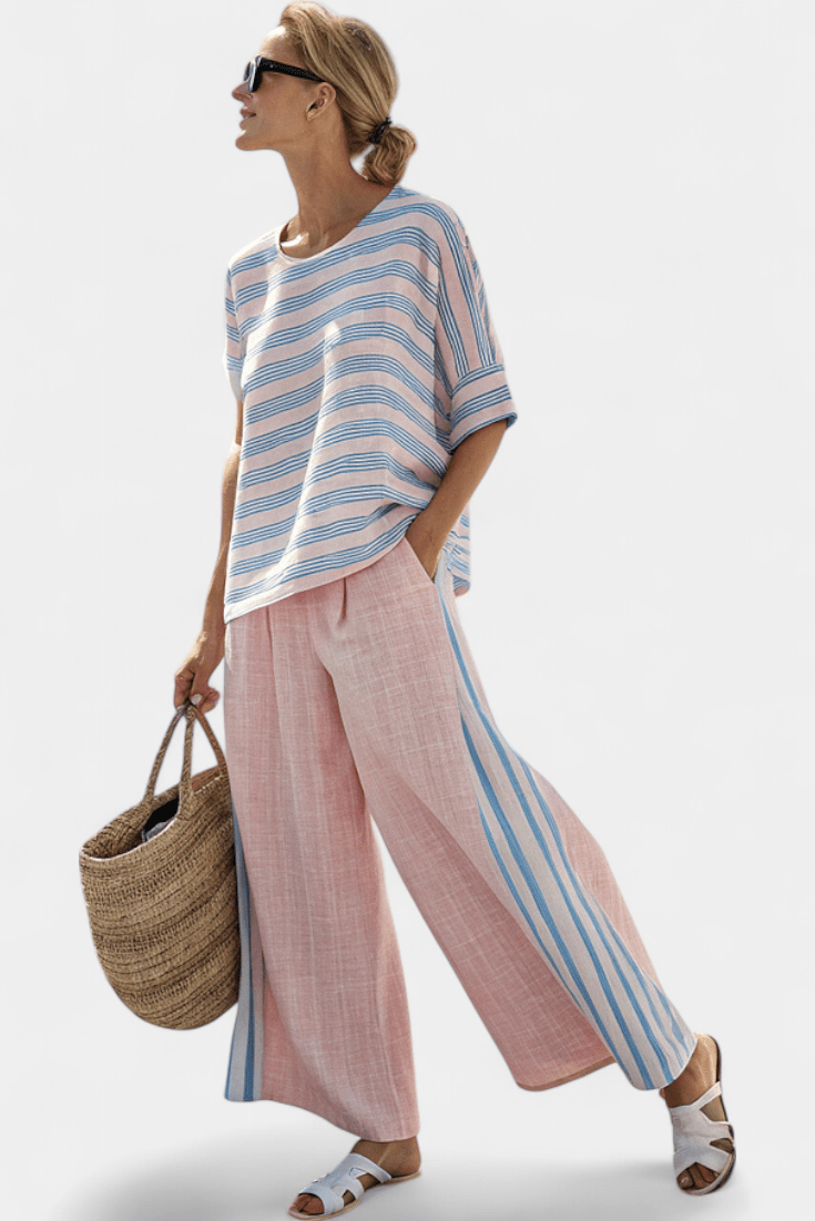 Virella | Elegant Pink - Blue Linen Blouse & Soft Pants - Rossis Family Boutique Miami