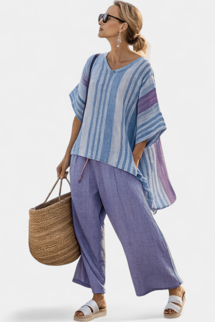 Zellora | Elegant Lavender & Sky Blue Top & Linen Pants - Rossis Family Boutique Miami