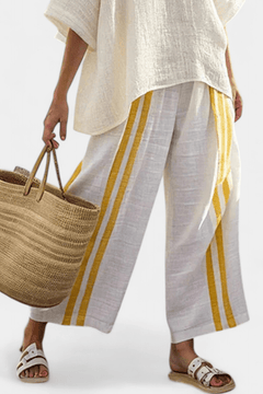 Anselor | Elegant Yellow Striped Linen Top & Wide - Leg Pants - Rossis Family Boutique Miami