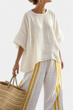 Anselor | Elegant Yellow Striped Linen Top & Wide - Leg Pants - Rossis Family Boutique Miami