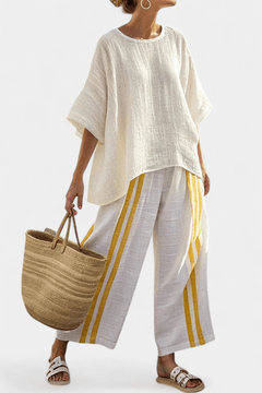 Anselor | Elegant Yellow Striped Linen Top & Wide - Leg Pants - Rossis Family Boutique Miami