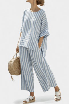 Rensleigh | Sophisticated Blue Striped Linen Top & Relaxed Pants - Rossis Family Boutique Miami