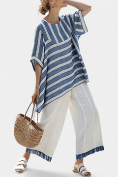Corvielle | Sophisticated Blue Striped Top & Hem - Detailed Pants - Rossis Family Boutique Miami