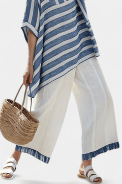 Corvielle | Sophisticated Blue Striped Top & Hem - Detailed Pants - Rossis Family Boutique Miami