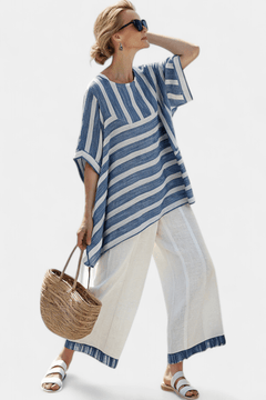 Corvielle | Sophisticated Blue Striped Top & Hem - Detailed Pants - Rossis Family Boutique Miami
