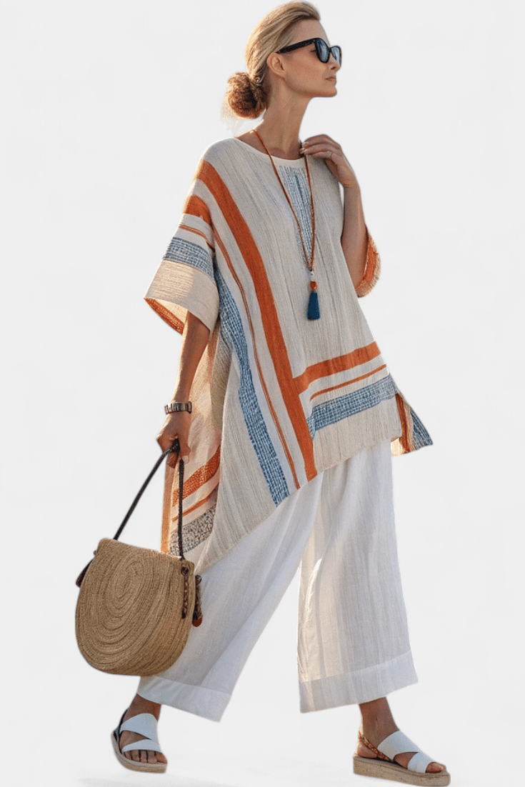 Caevan | Sophisticated Asymmetrical Blouse & Wide - Leg Linen Pants - Rossis Family Boutique Miami