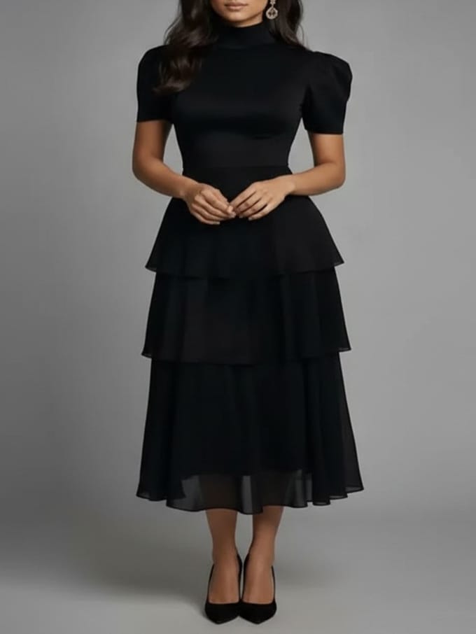 Lisliy Gorgeous Chiffon Short Sleeves High Neck - Luxe Atire