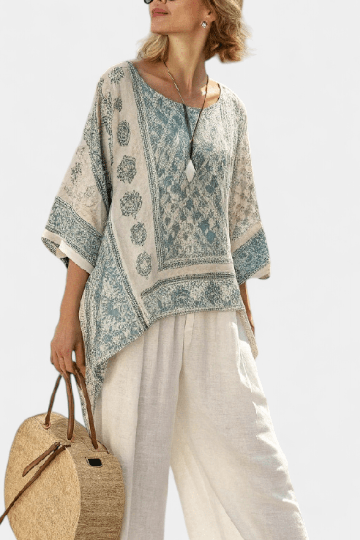 Quinley | Comfortable Printed Blouse & Wide - Leg White Pants - Rossis Family Boutique Miami