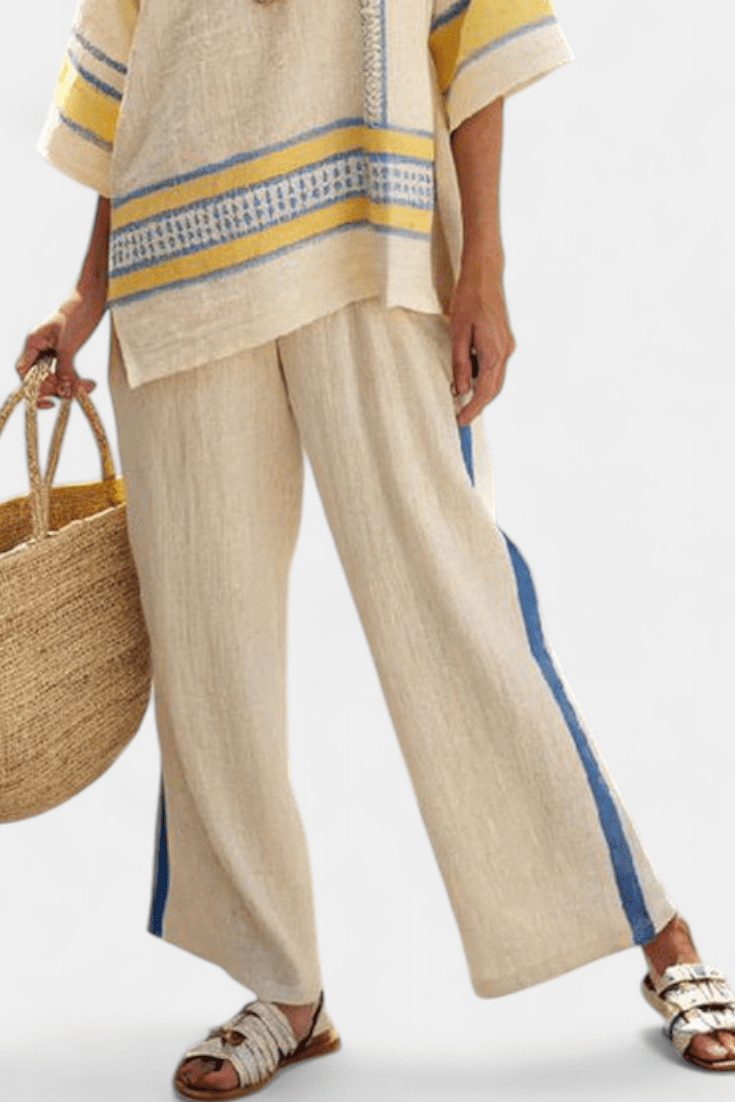 Jaxmere | Comfortable Blue - Yellow Mediterranean Top & Linen Pants - Rossis Family Boutique Miami