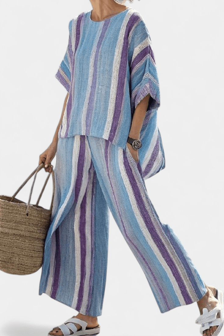 Faelith | Elegant Mauve Pastel Top & Striped Linen Pants - Rossis Family Boutique Miami