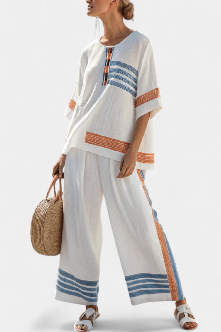 Marcellin | Sophisticated Blue - Orange Striped Top & Pants - Rossis Family Boutique Miami