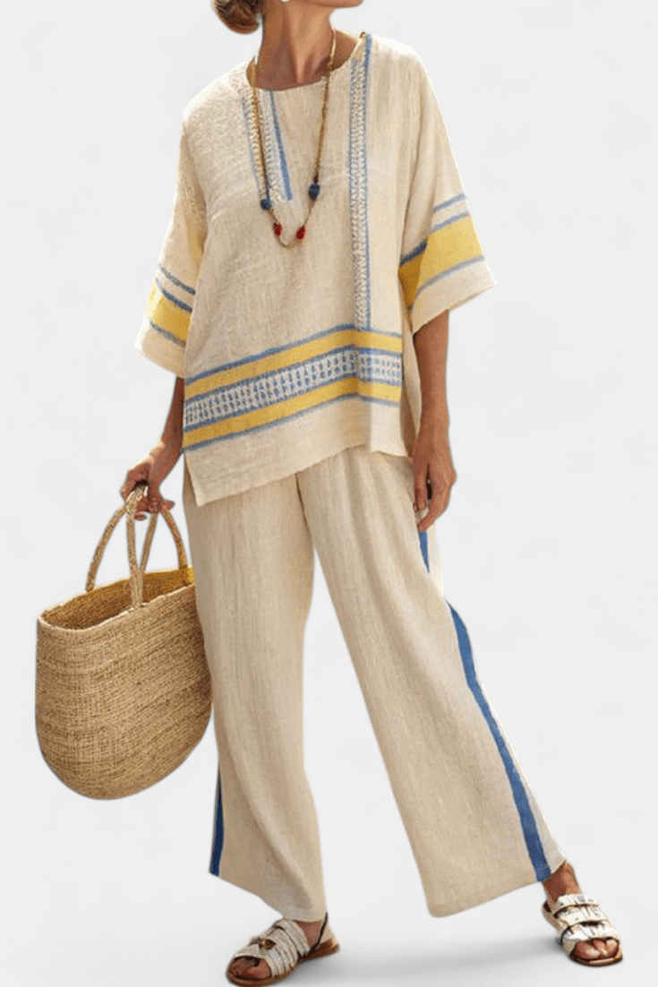Jaxmere | Comfortable Blue - Yellow Mediterranean Top & Linen Pants - Rossis Family Boutique Miami