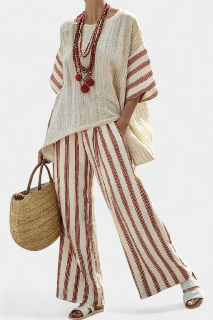 Braelith | Elegant Rustic Striped Top & Cream Linen Pants - Rossis Family Boutique Miami